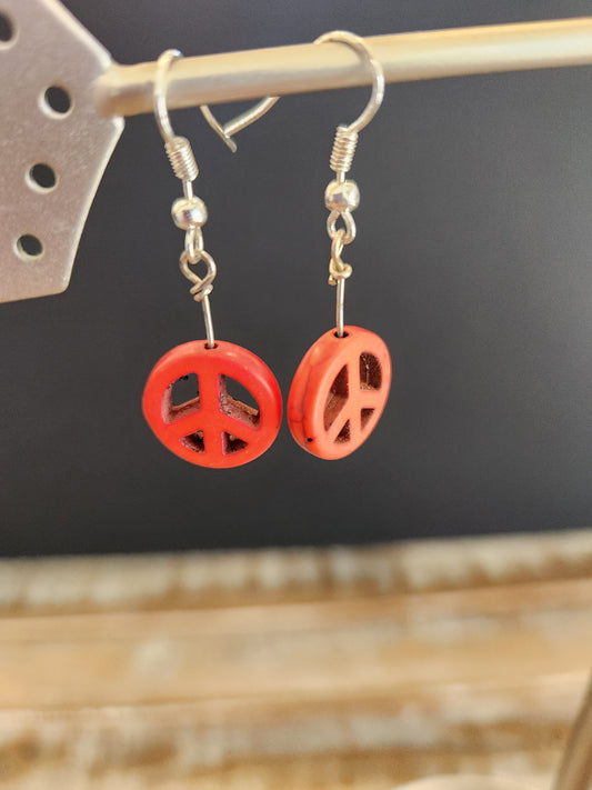 Peace sign Earrings - Silver & Red