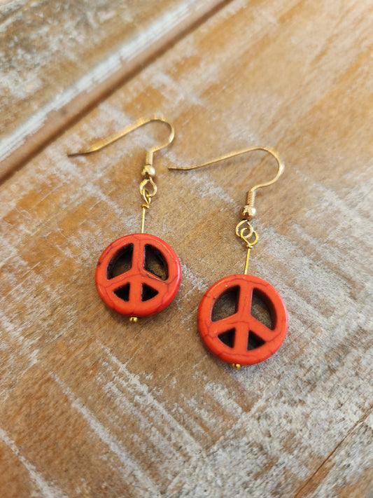 Peace sign Earrings - Gold & Red