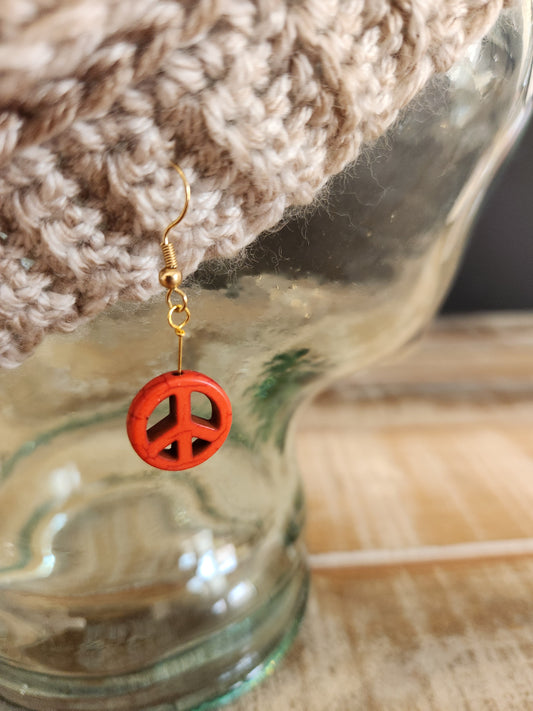 Peace sign Earrings - Gold & Red