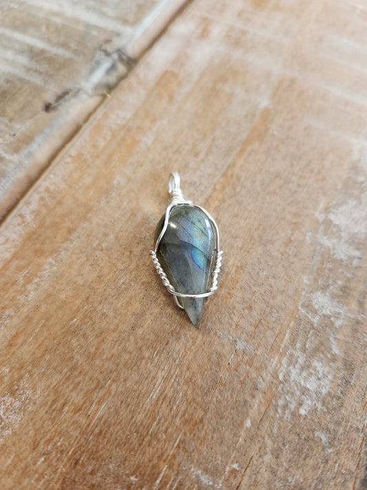 Silver wire wrapped mini labradorite teardrop pendant