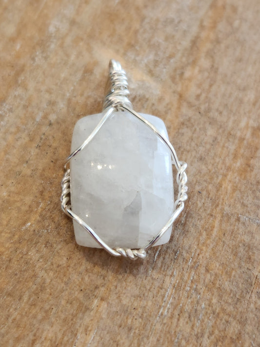 Silver wire wrapped mini rainbow  moonstone pendant