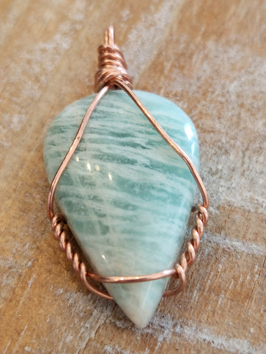 Copper wrapped amazonite teardrop pendant
