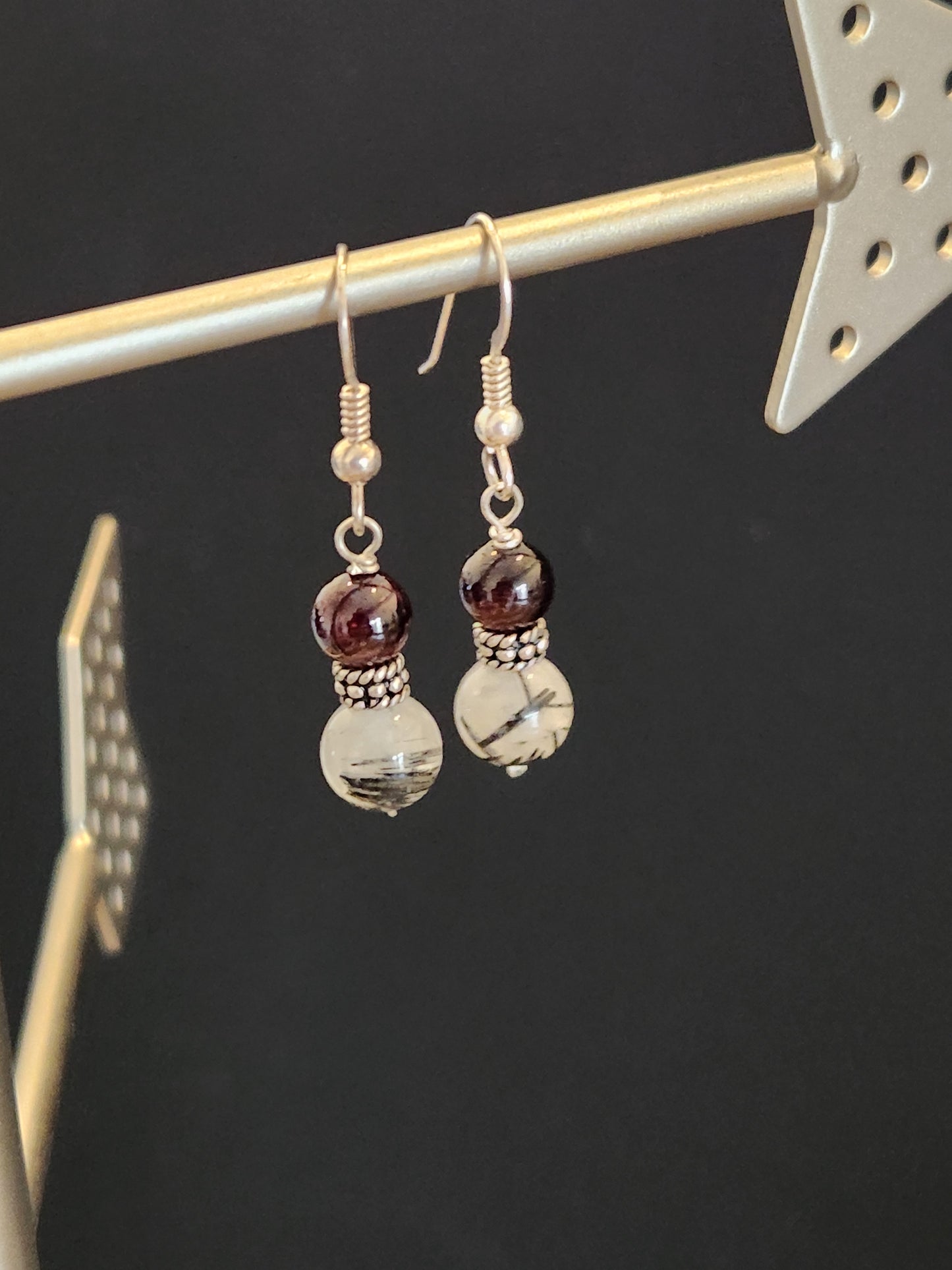 Tourmalinated quartz & garnet Sterling silver hook earrings