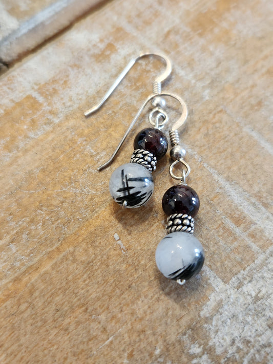 Tourmalinated quartz & garnet Sterling silver hook earrings