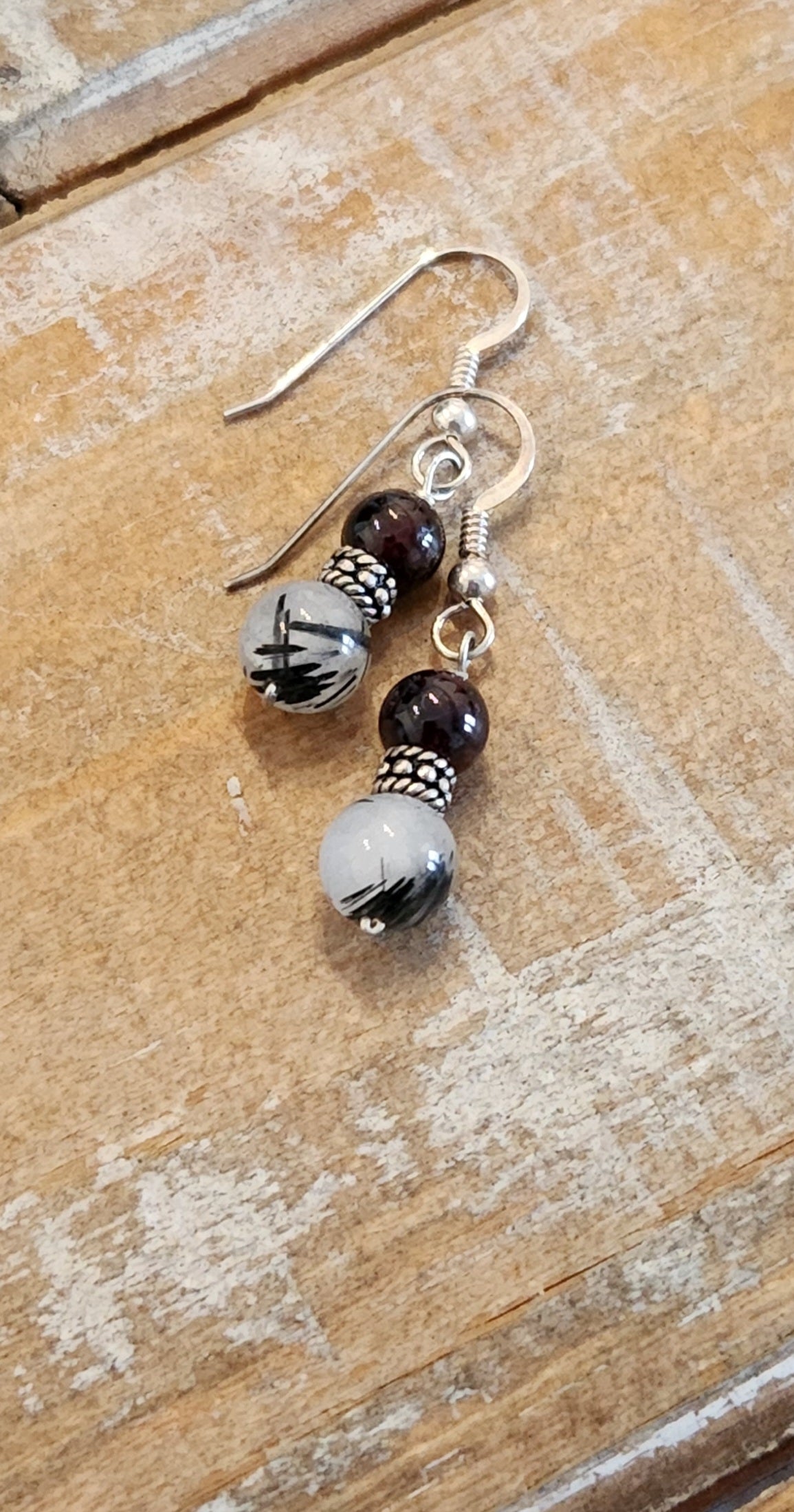 Tourmalinated quartz & garnet Sterling silver hook earrings