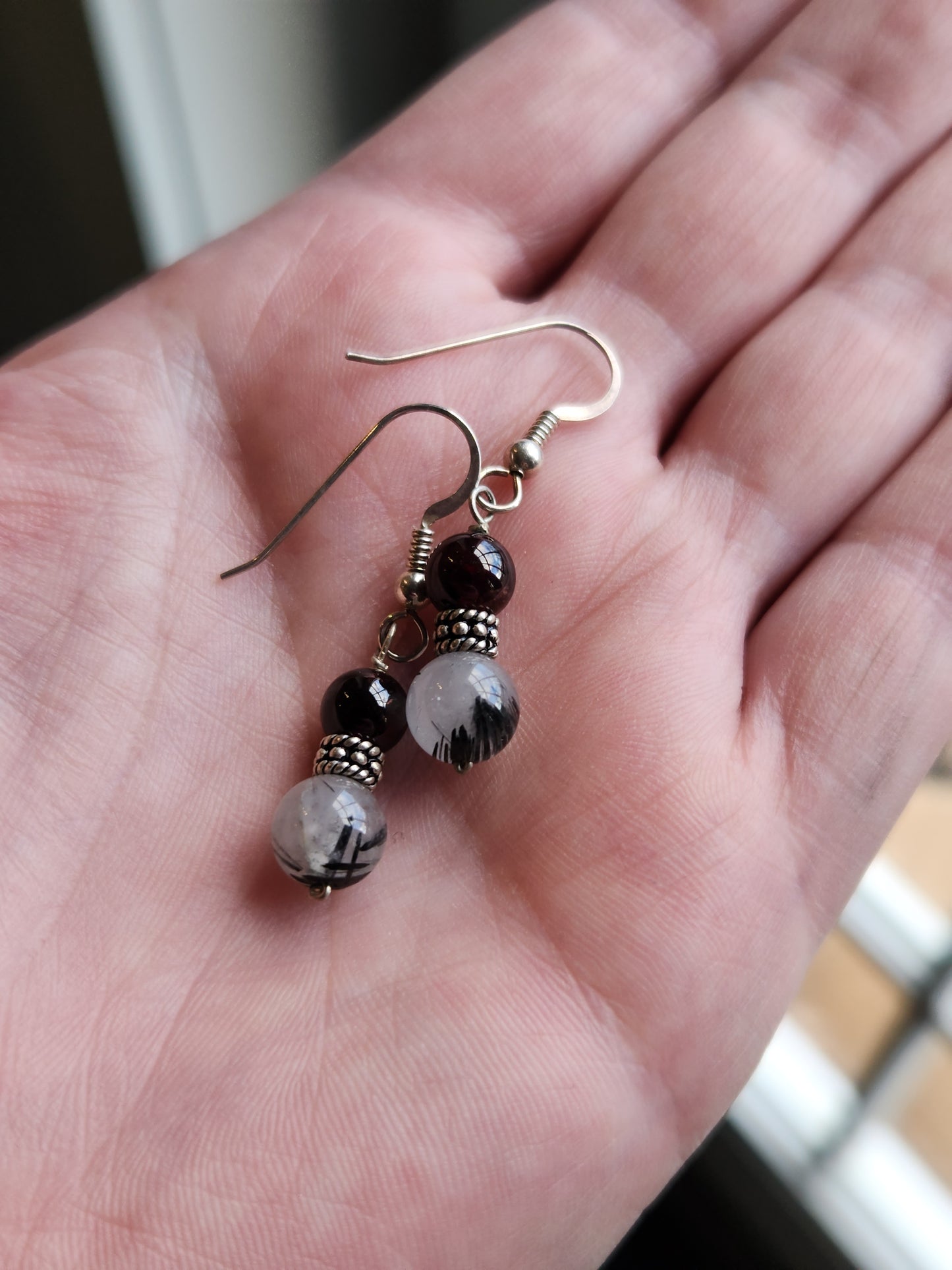 Tourmalinated quartz & garnet Sterling silver hook earrings