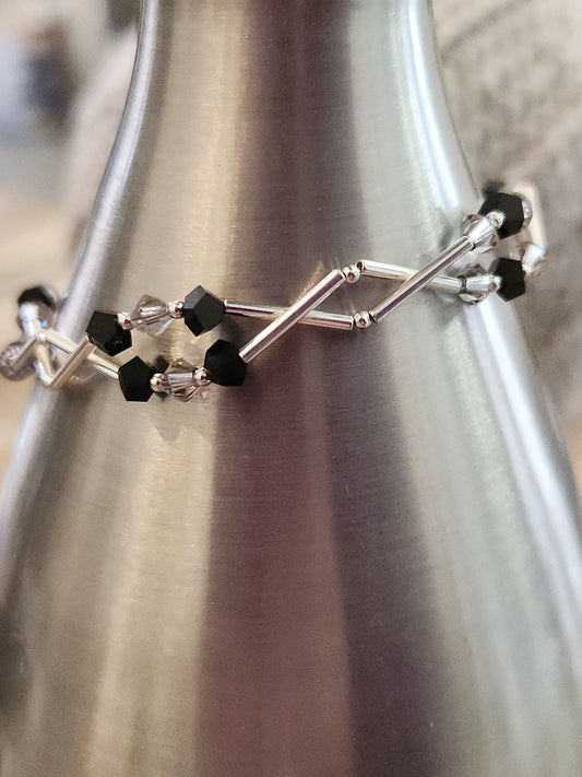 Black & Blue Grey Crystals, sterling silver double strand bracelet - 8"