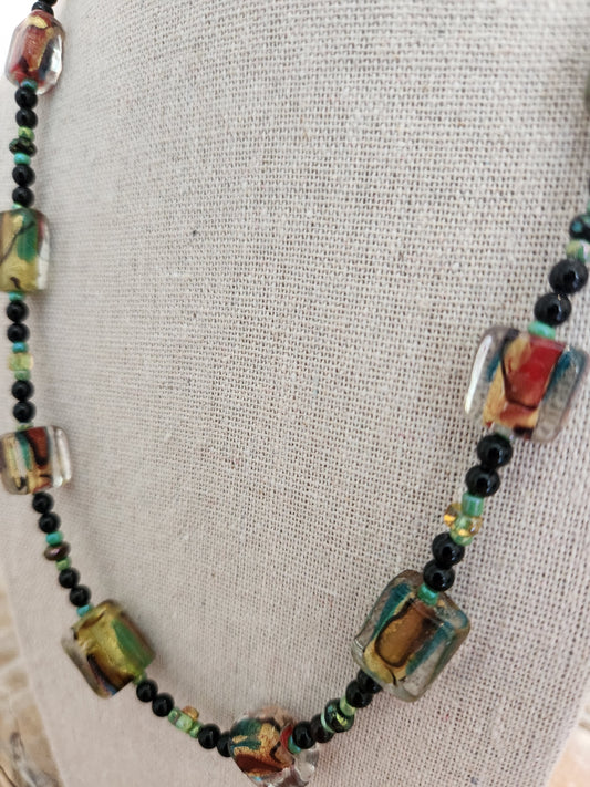 Fun glass beads and onyx necklace - 21.5"