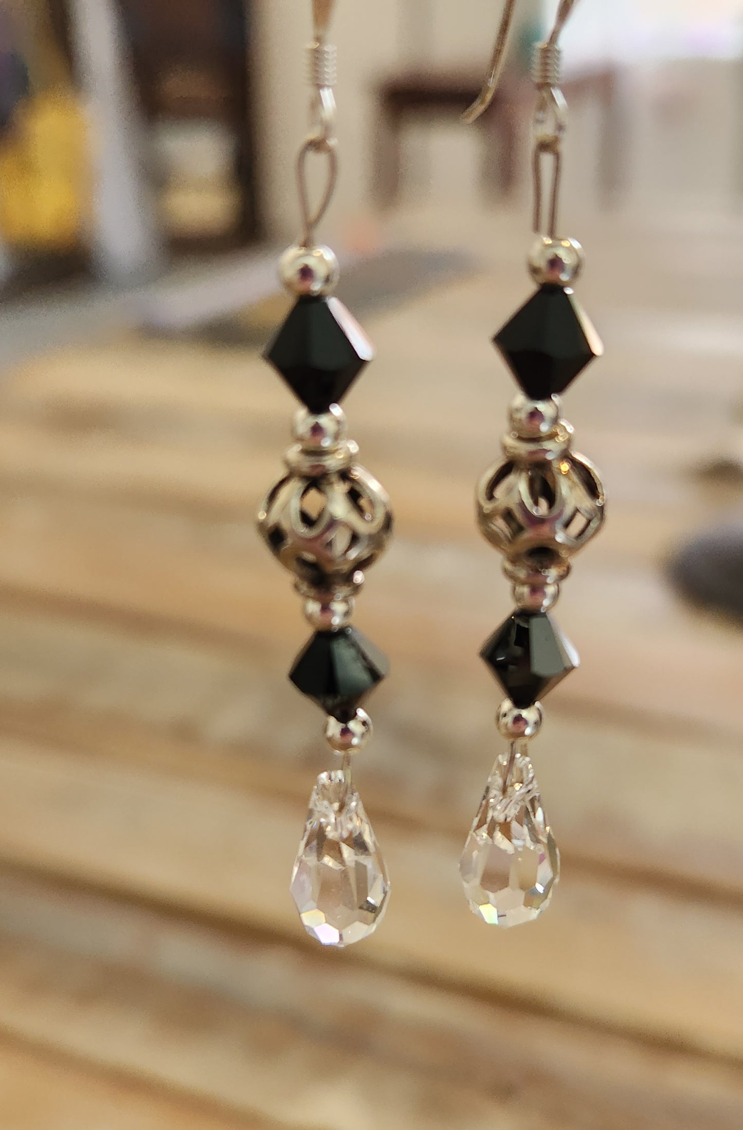 Sparkly crystals & filigree silver bead earrings