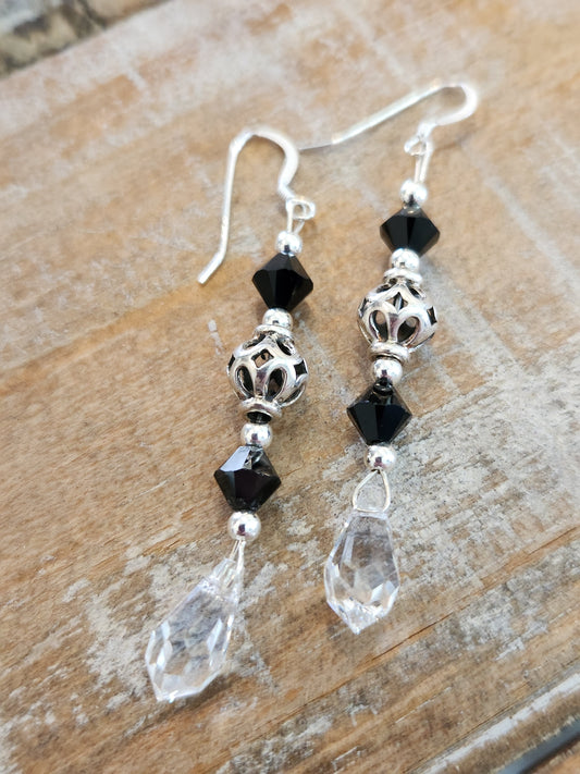 Sparkly crystals & filigree silver bead earrings