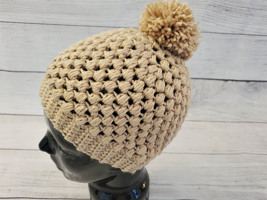 Natural color pom pom beanie