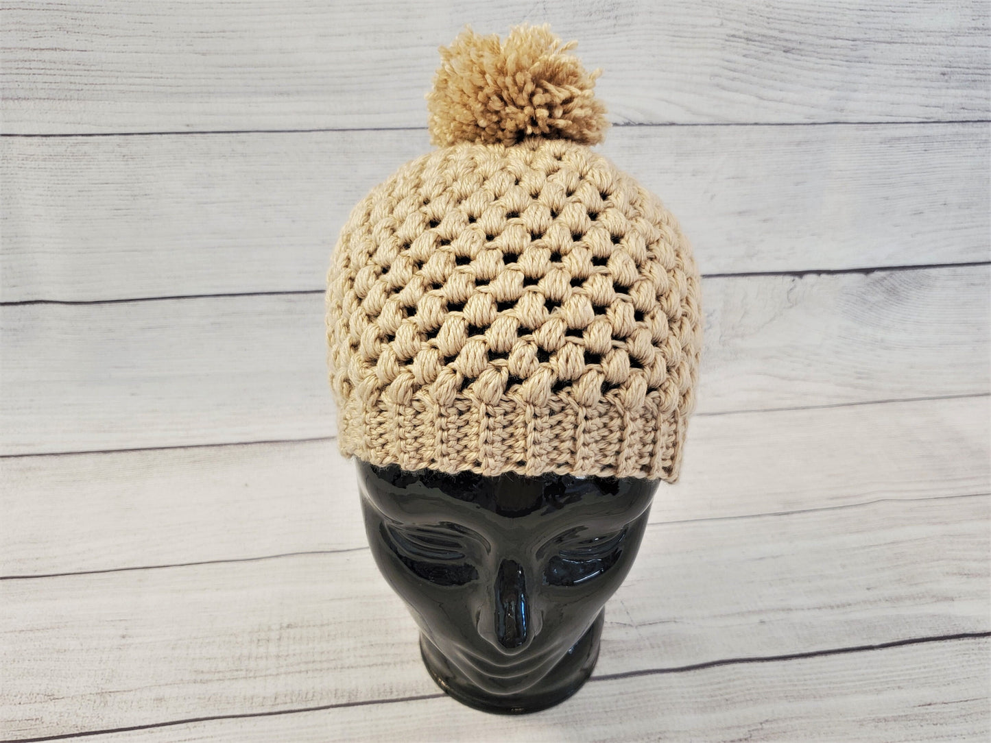 Natural color pom pom beanie