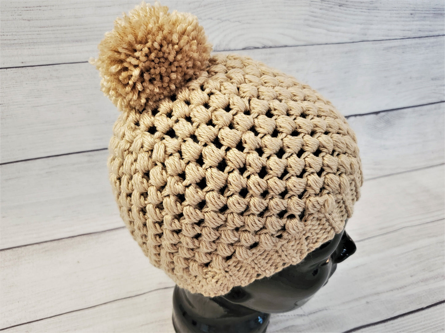 Natural color pom pom beanie