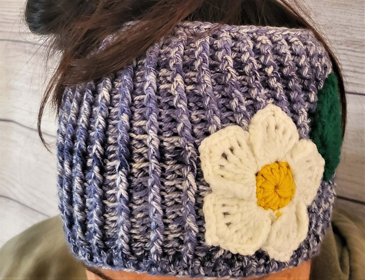 Wide Blue Headwrap - Flower and Green Leaf