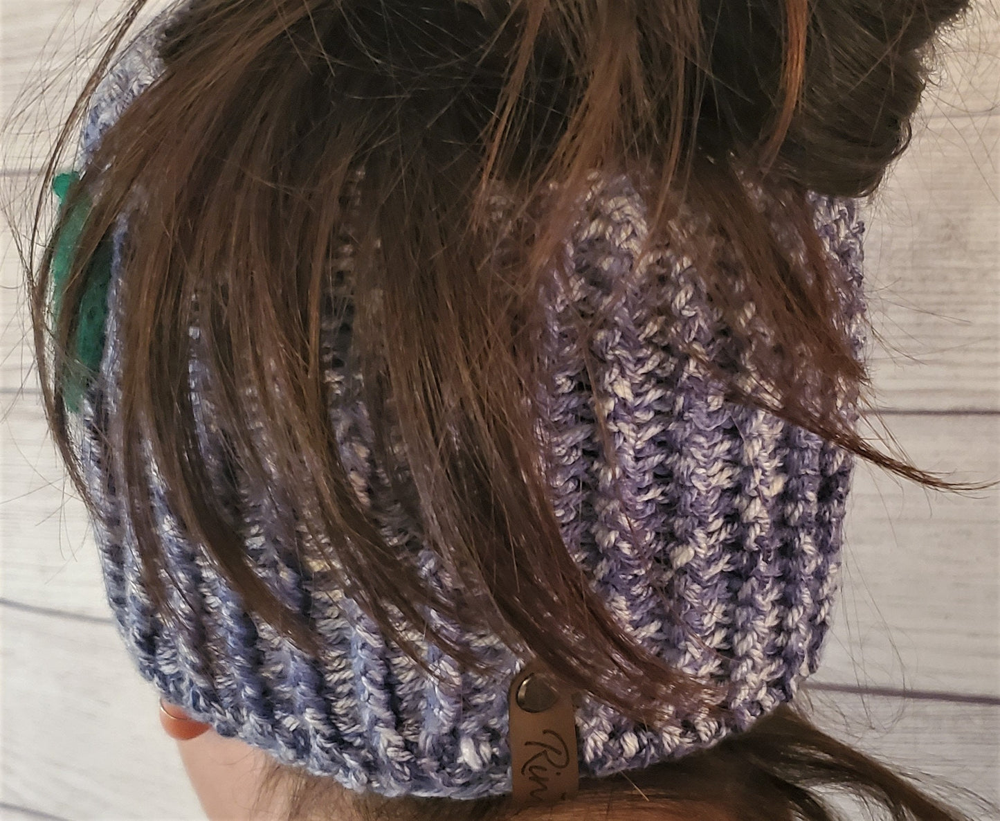 Wide Blue Headwrap - Flower and Green Leaf