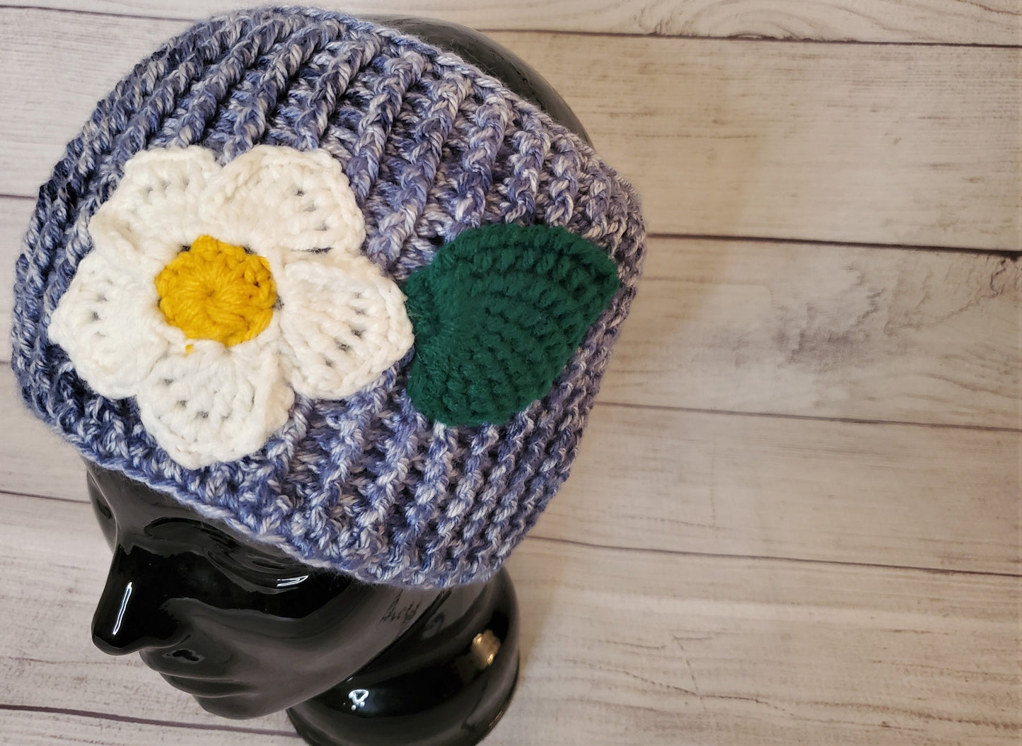 Wide Blue Headwrap - Flower and Green Leaf