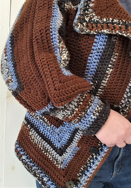 Crochet hexagon sweater with puff sleeves - Brown and Blue mix
