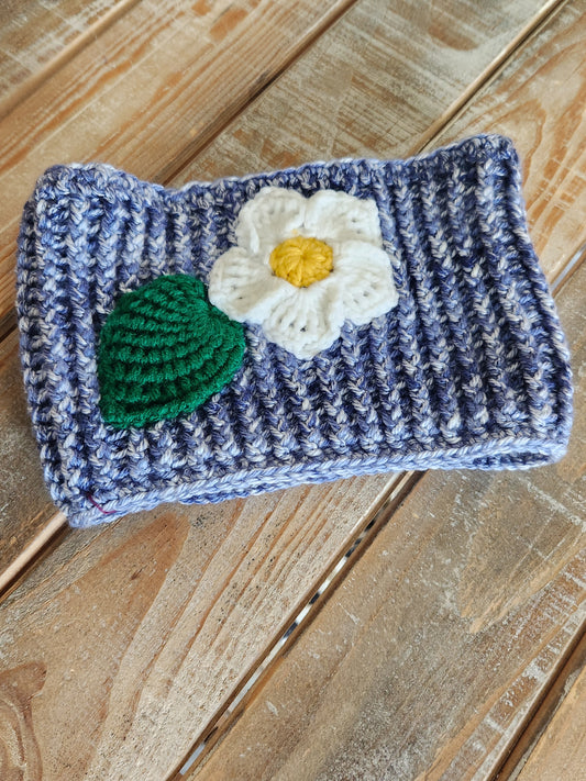 Wide Blue Headwrap - Flower and Green Leaf