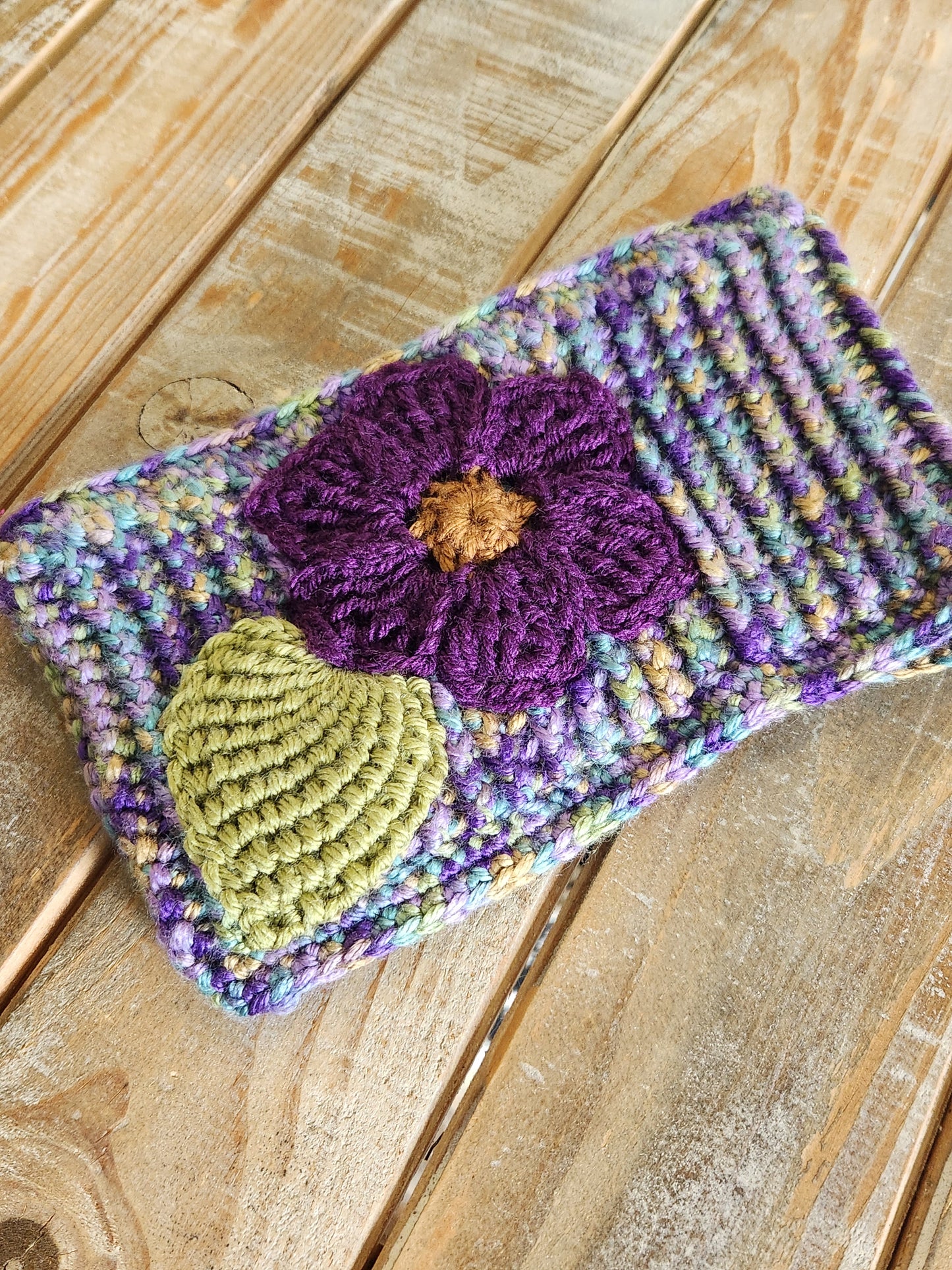 Wide Purple Headwrap - Flower and Green Leaf