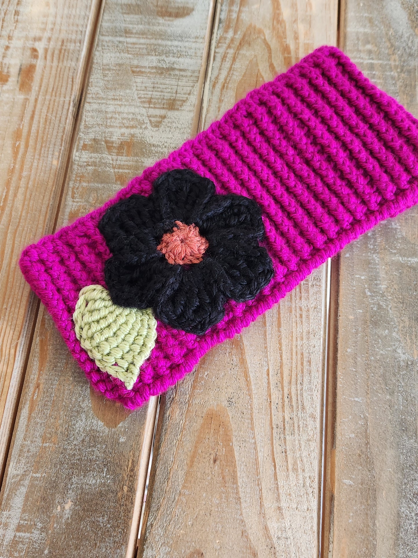 Wide magenta headwrap - Black Flower and Green Leaf