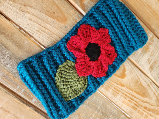 Wide Teal Headwrap - Red Flower and Green Leaf