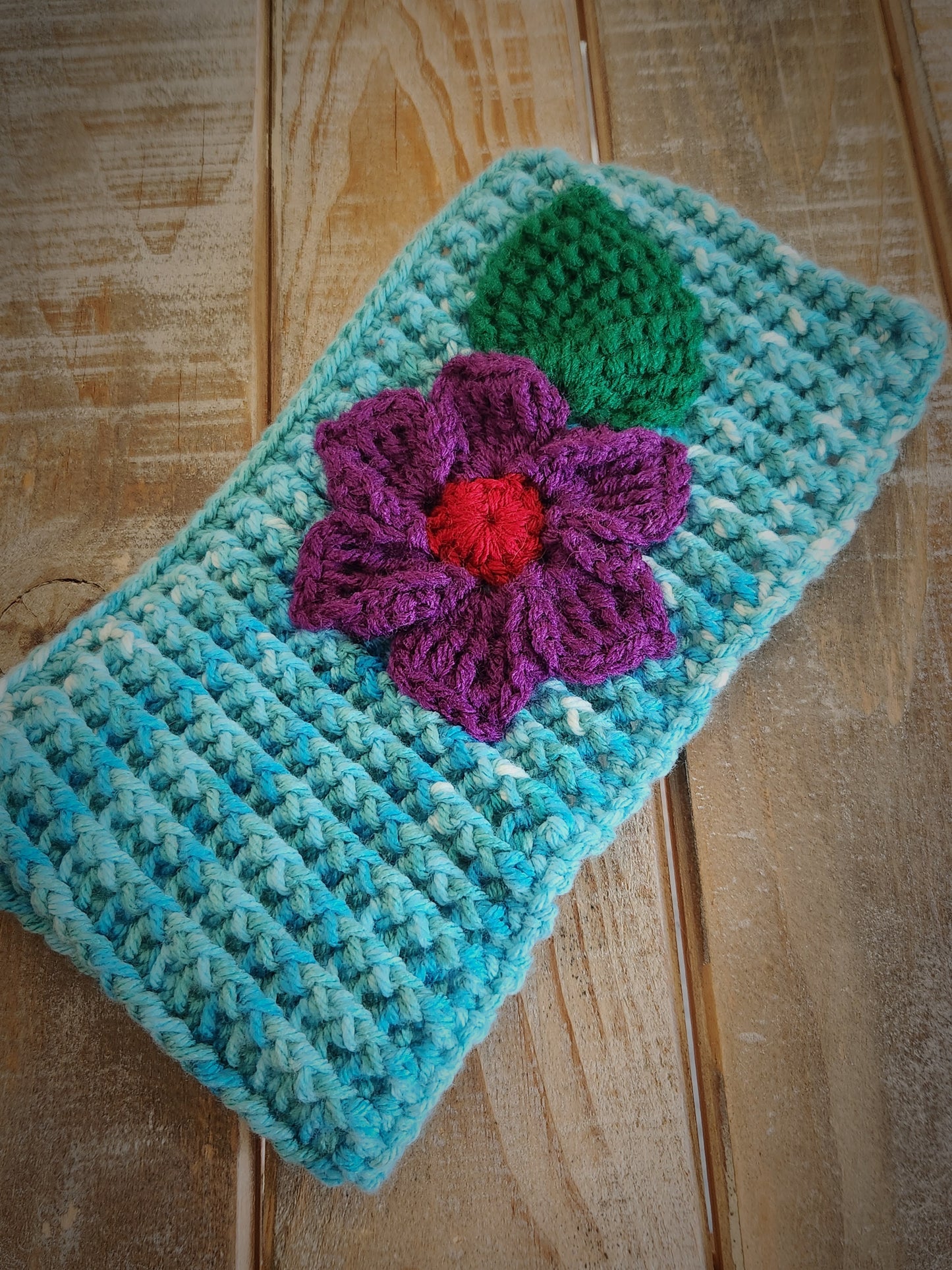 Wide Aqua Headwrap - Purple Flower and Green Leaf