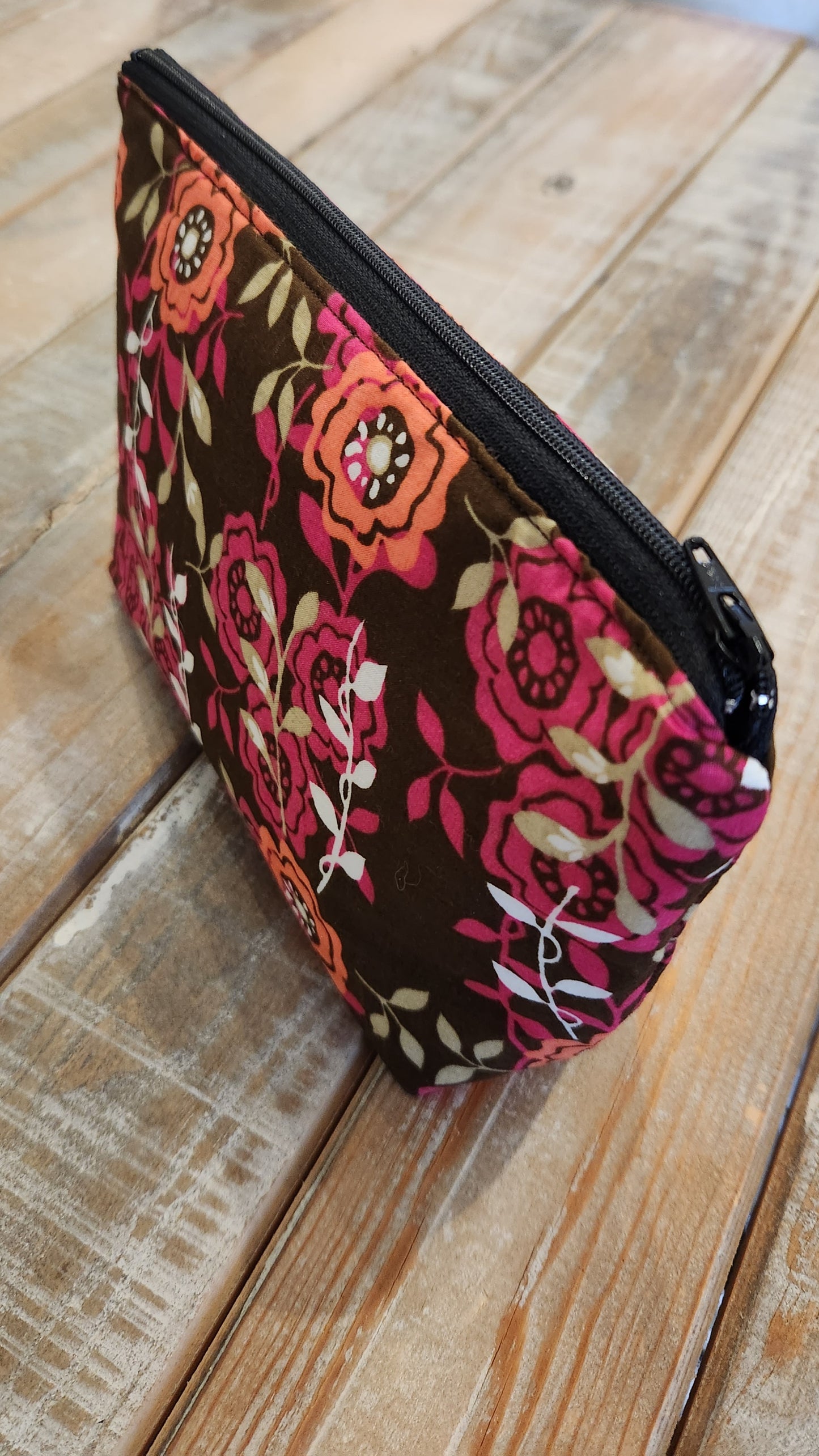 Brown and pink floral zipper pouch