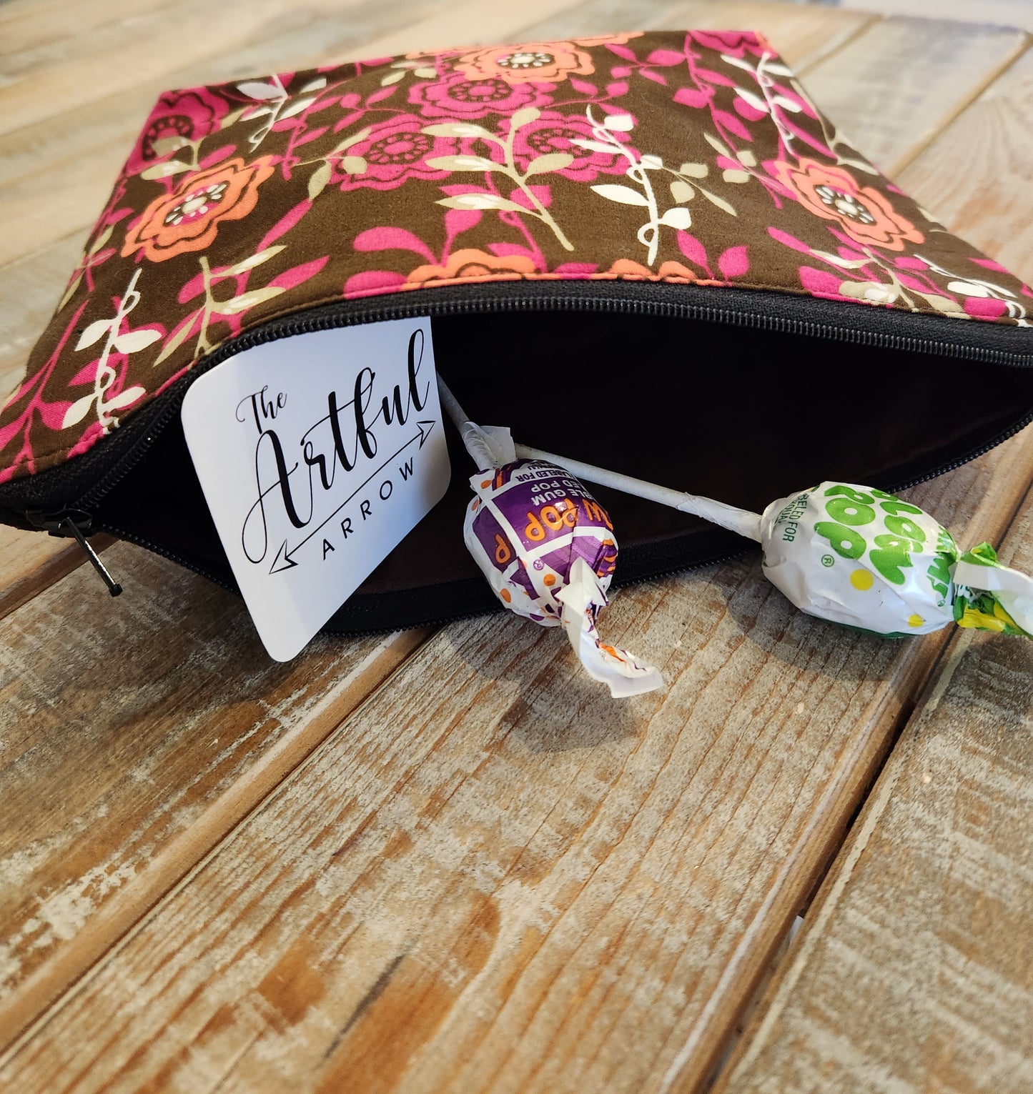 Brown and pink floral zipper pouch