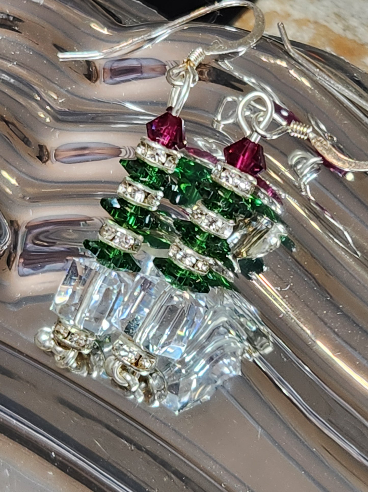 Sparkly crystal and sterling holiday theme - christmas tree earrings - handmade