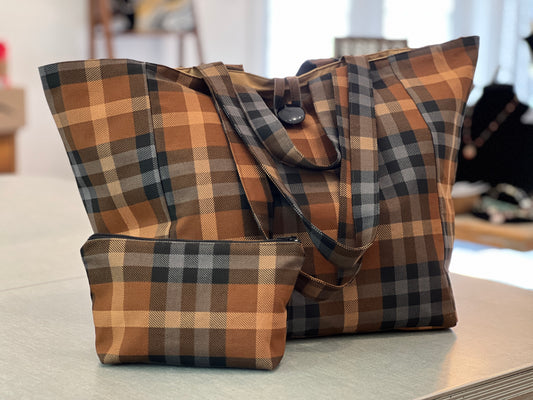 The Everything Tote! Brown Plaid w/Zipper Pouch