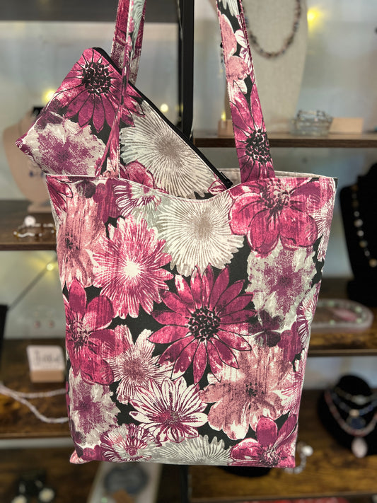 Magenta flowers tote bag with matching zipper pouch