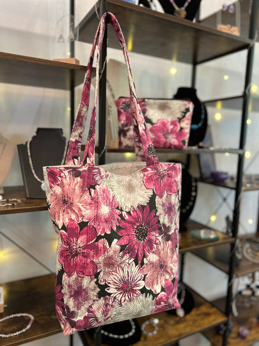 Magenta flowers tote bag with matching zipper pouch