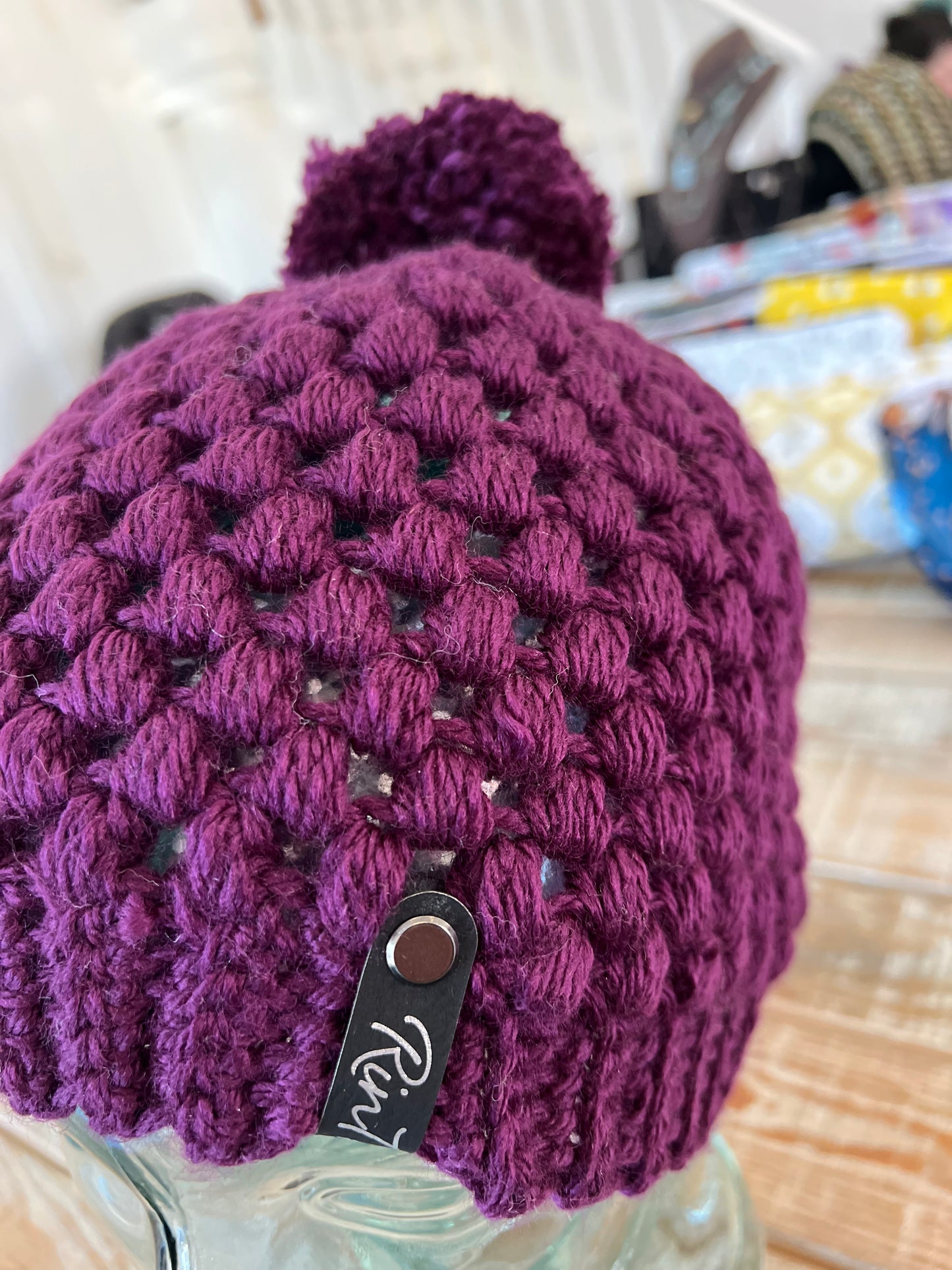 Eggplant purple pom pom beanie