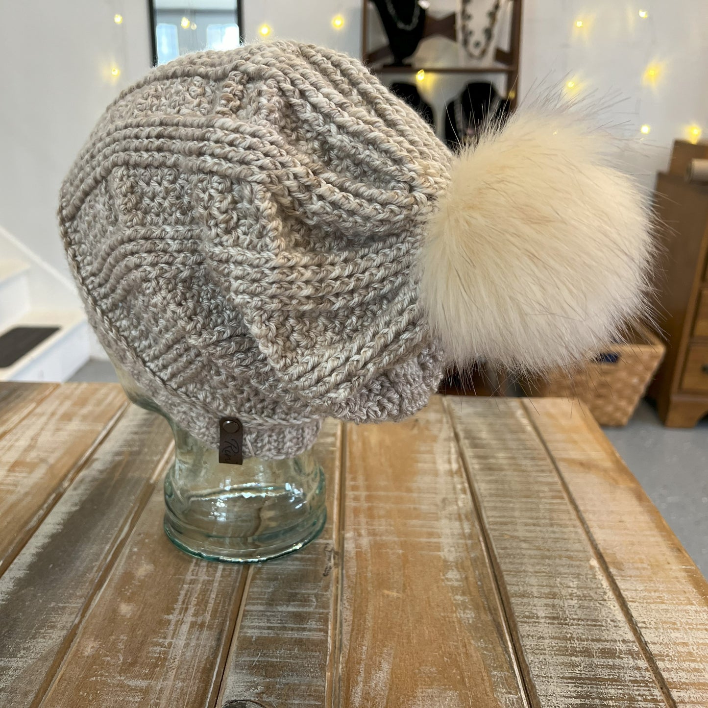 Oatmeal slouchy hat with Pom Pom