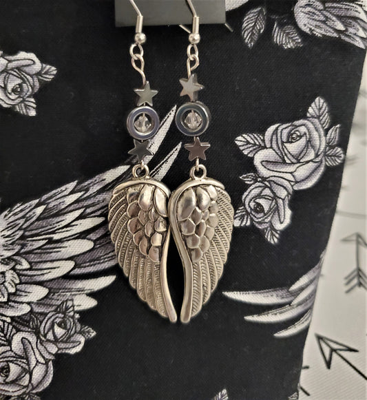 Wing earrings - Hematite stars and sparkly crystals