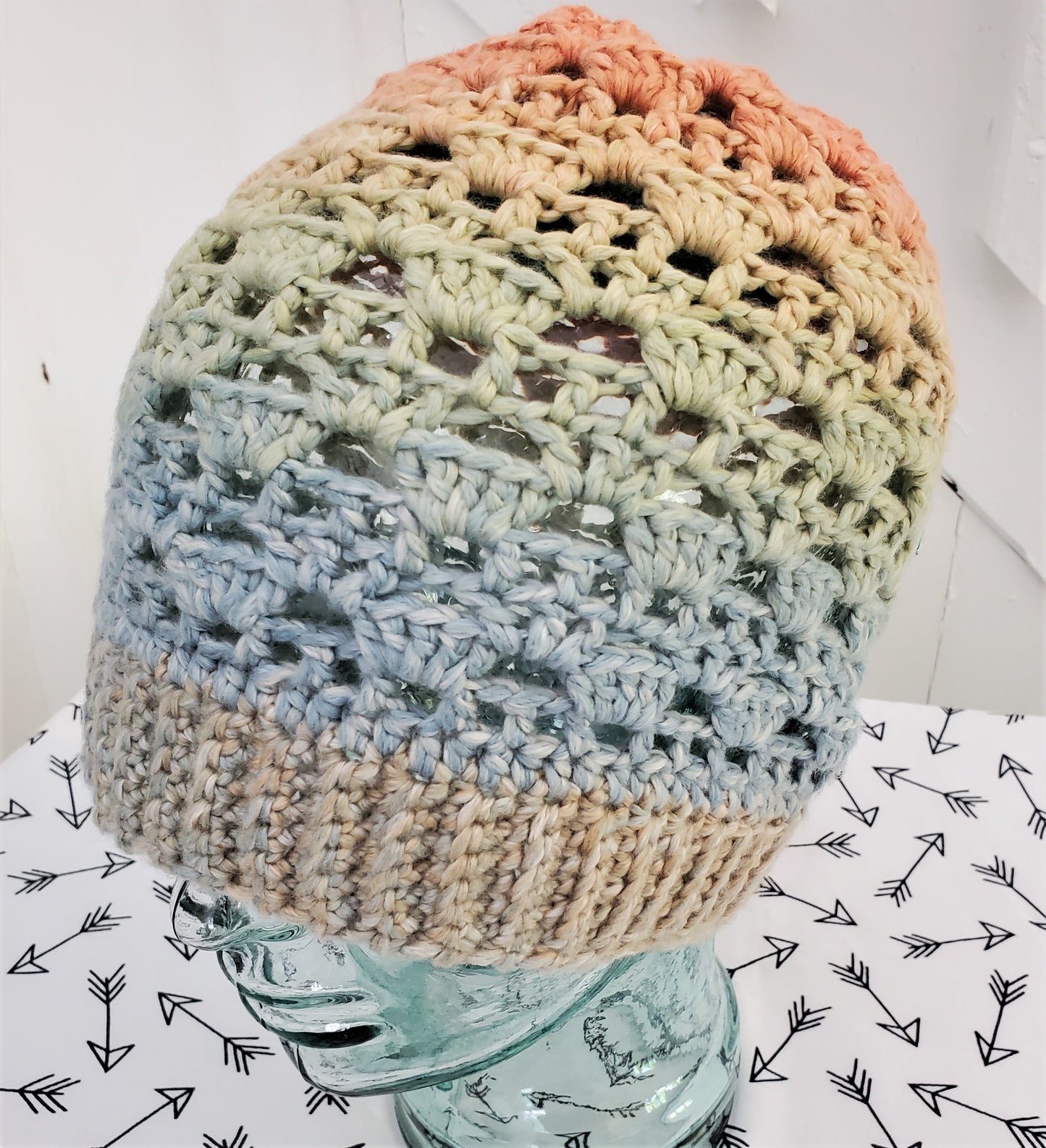 Pastel rainbow slouchy hat, open stitch