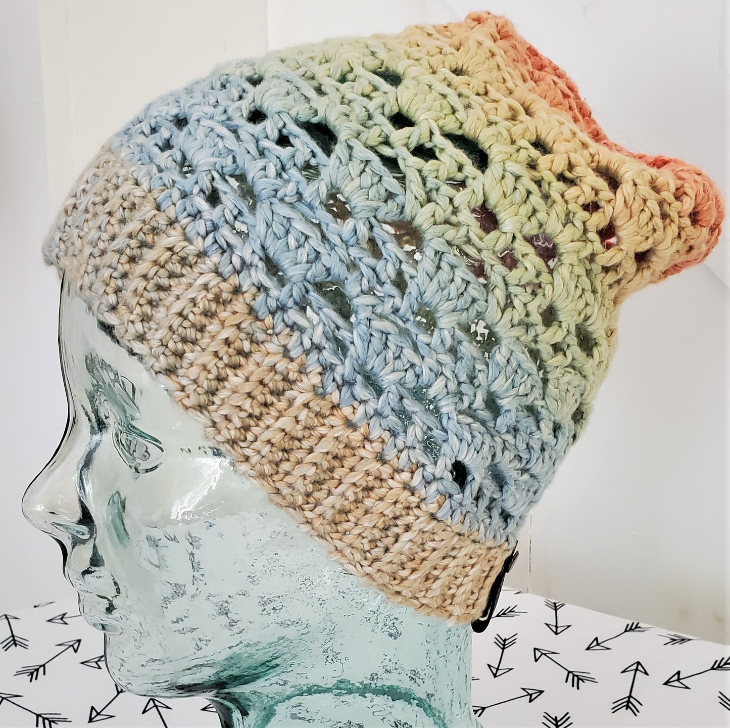 Pastel rainbow slouchy hat, open stitch