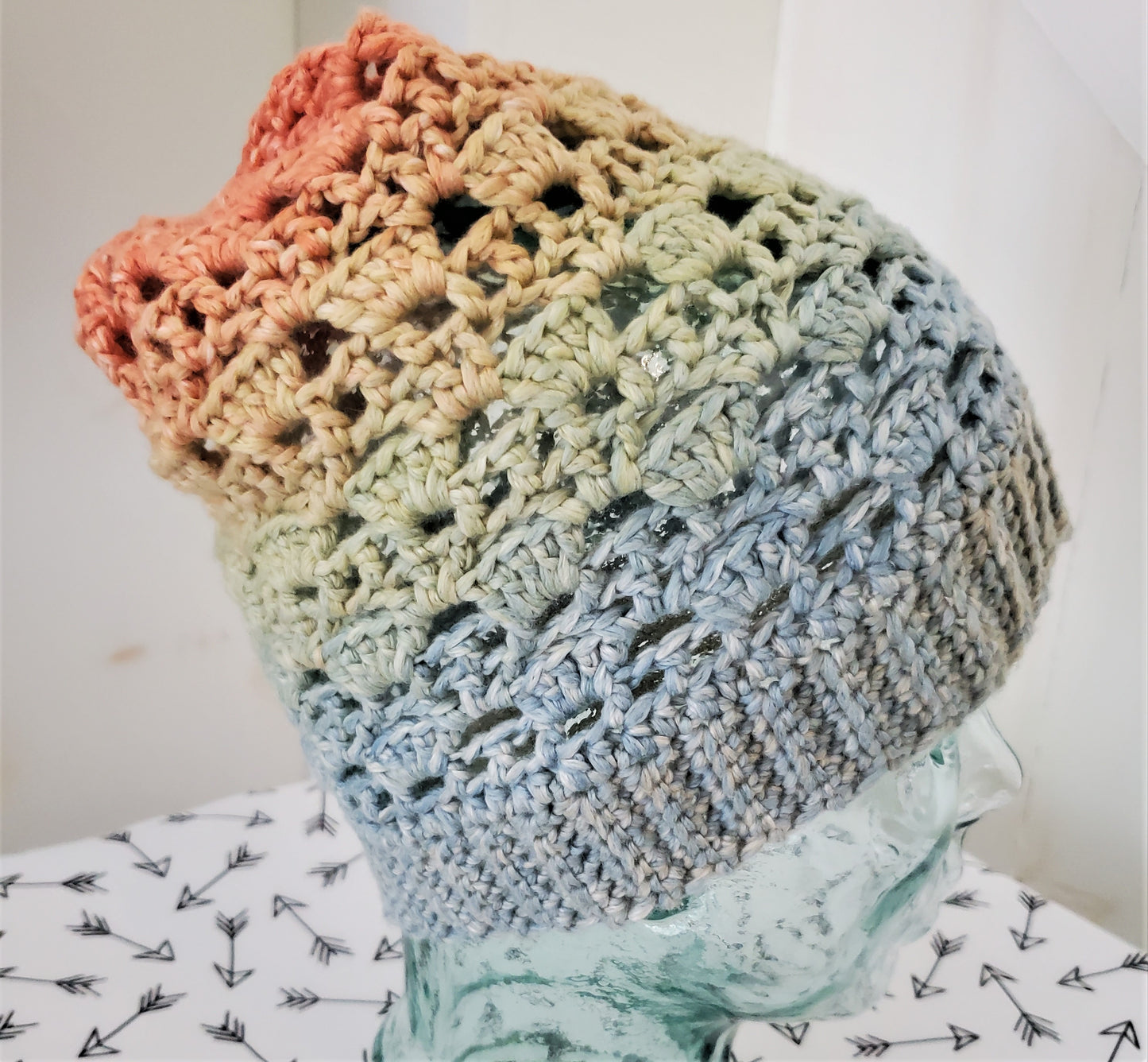 Pastel rainbow slouchy hat, open stitch