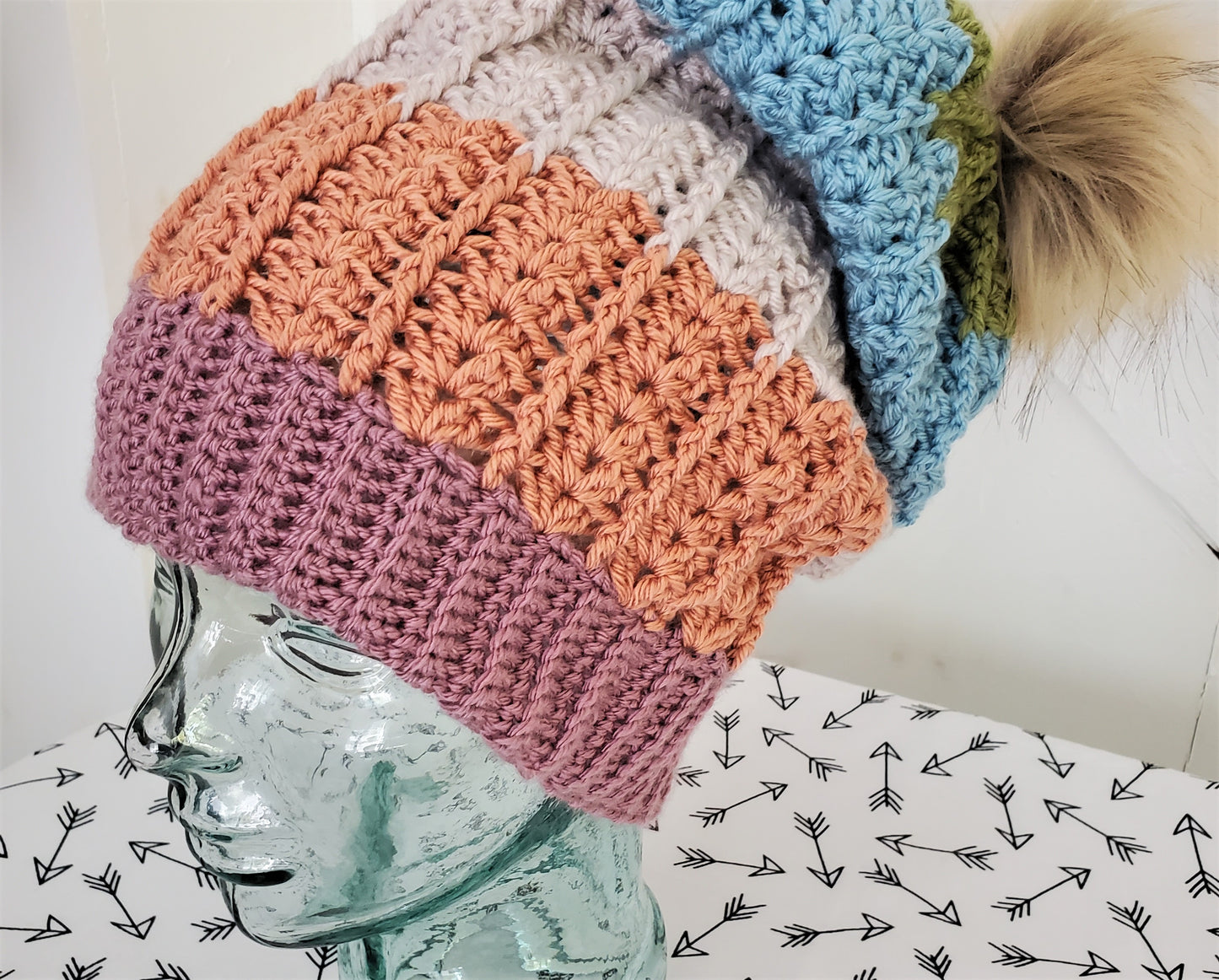 Pastel stripes large slouchy winter hat with Pom Pom