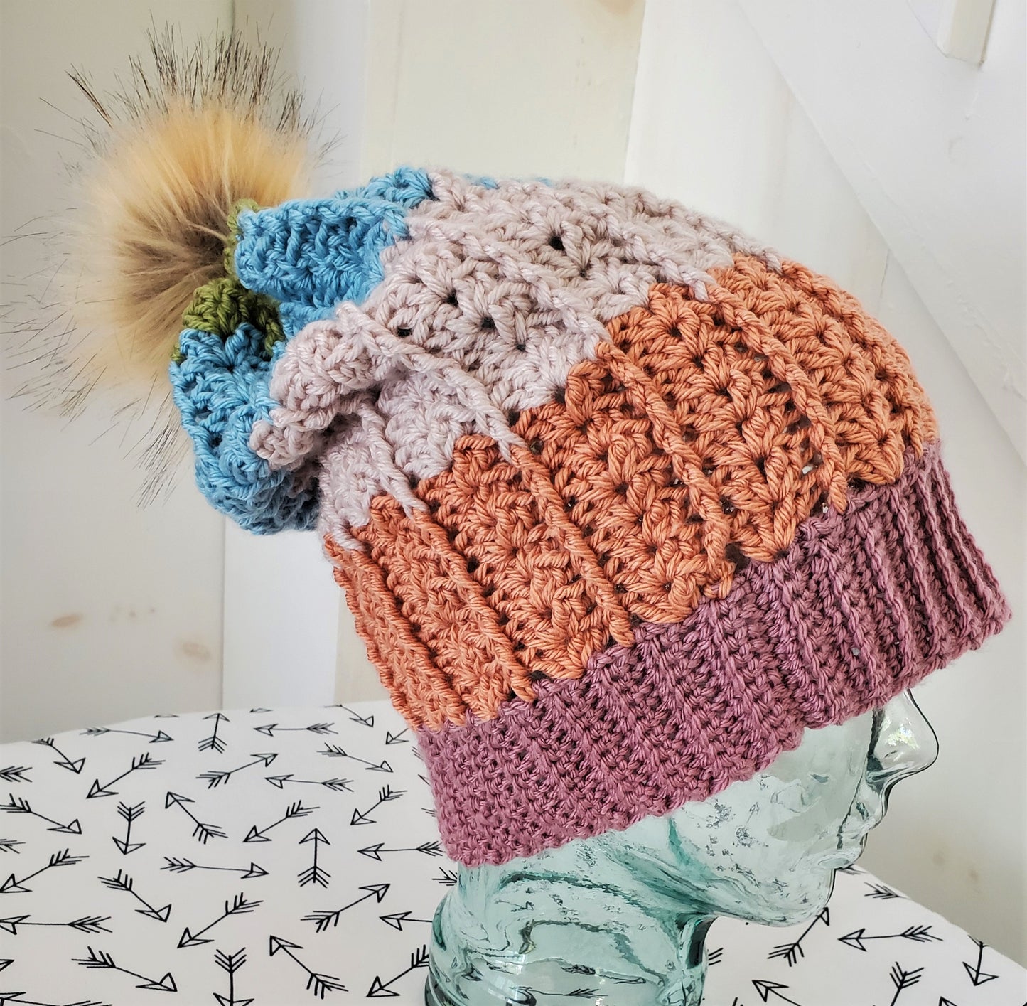 Pastel stripes large slouchy winter hat with Pom Pom