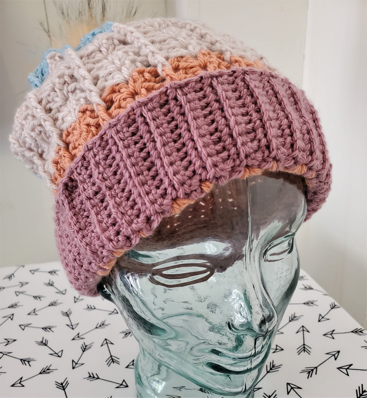 Pastel stripes large slouchy winter hat with Pom Pom