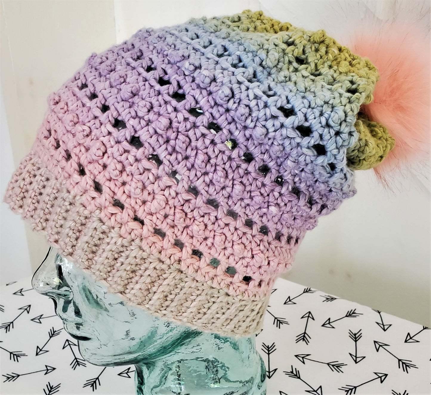 Pastel rainbow slouchy hat w/pom pom