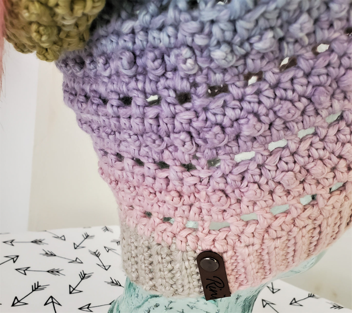 Pastel rainbow slouchy hat w/pom pom