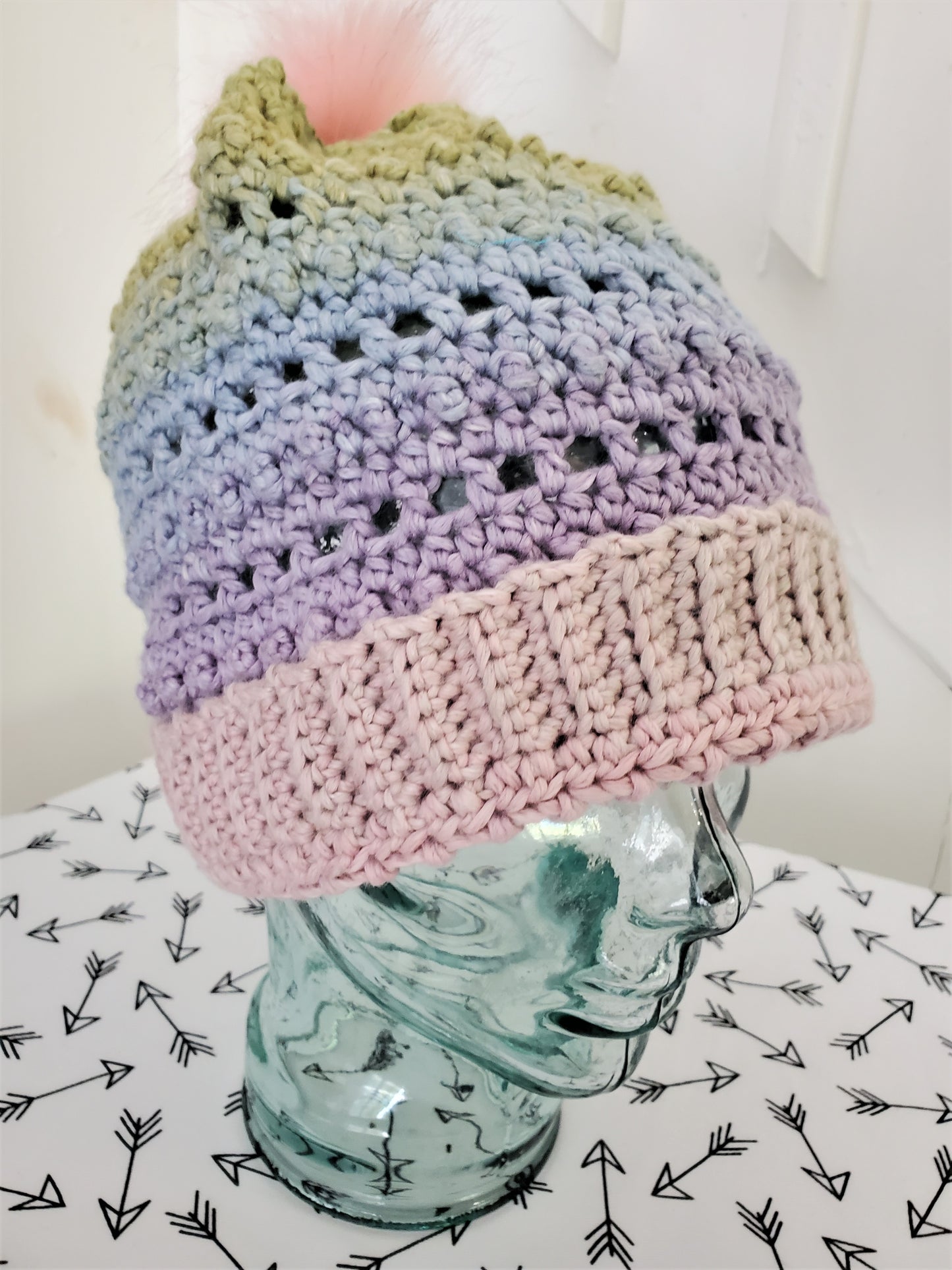 Pastel rainbow slouchy hat w/pom pom