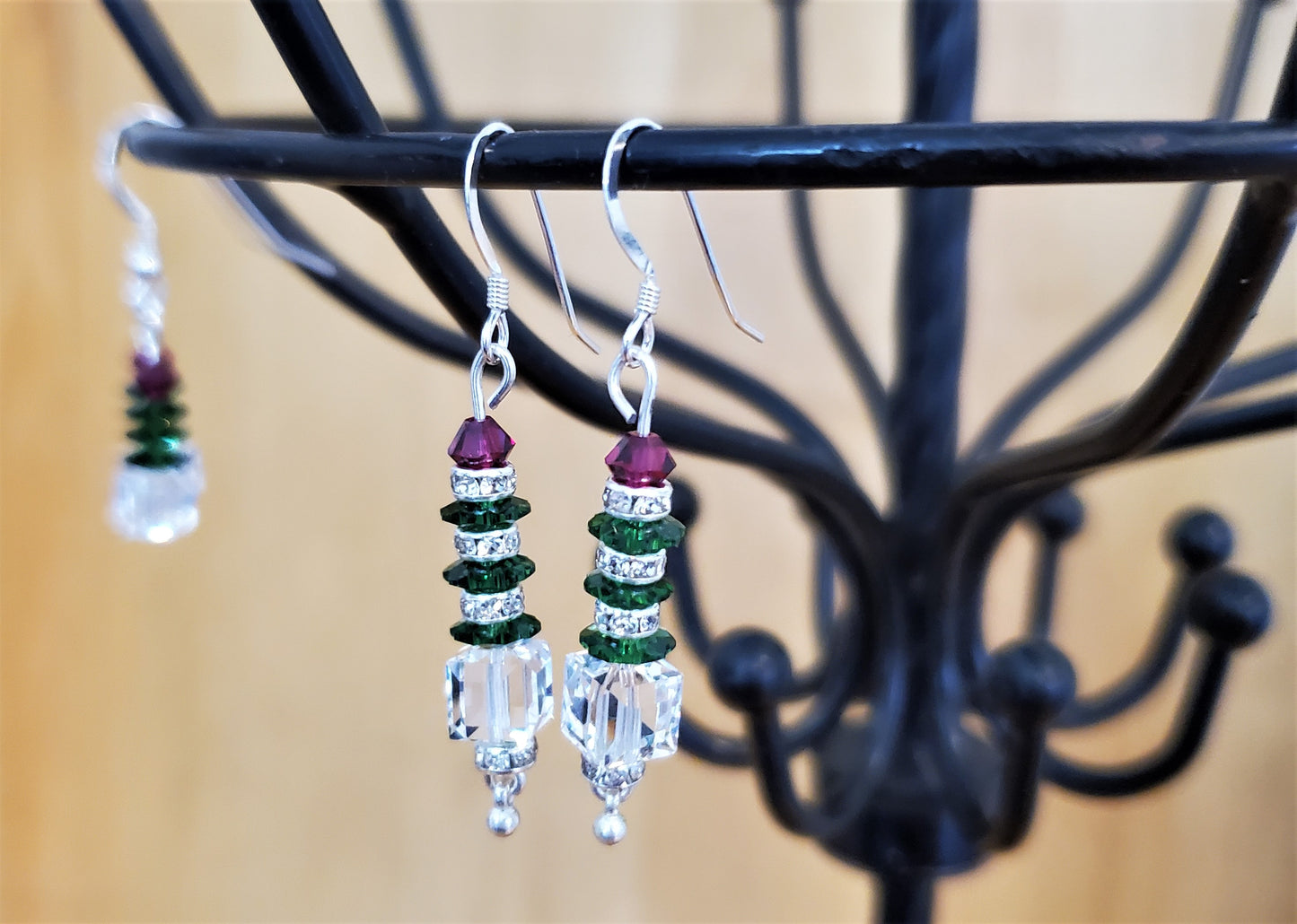 Sparkly crystal and sterling holiday theme - christmas tree earrings - handmade