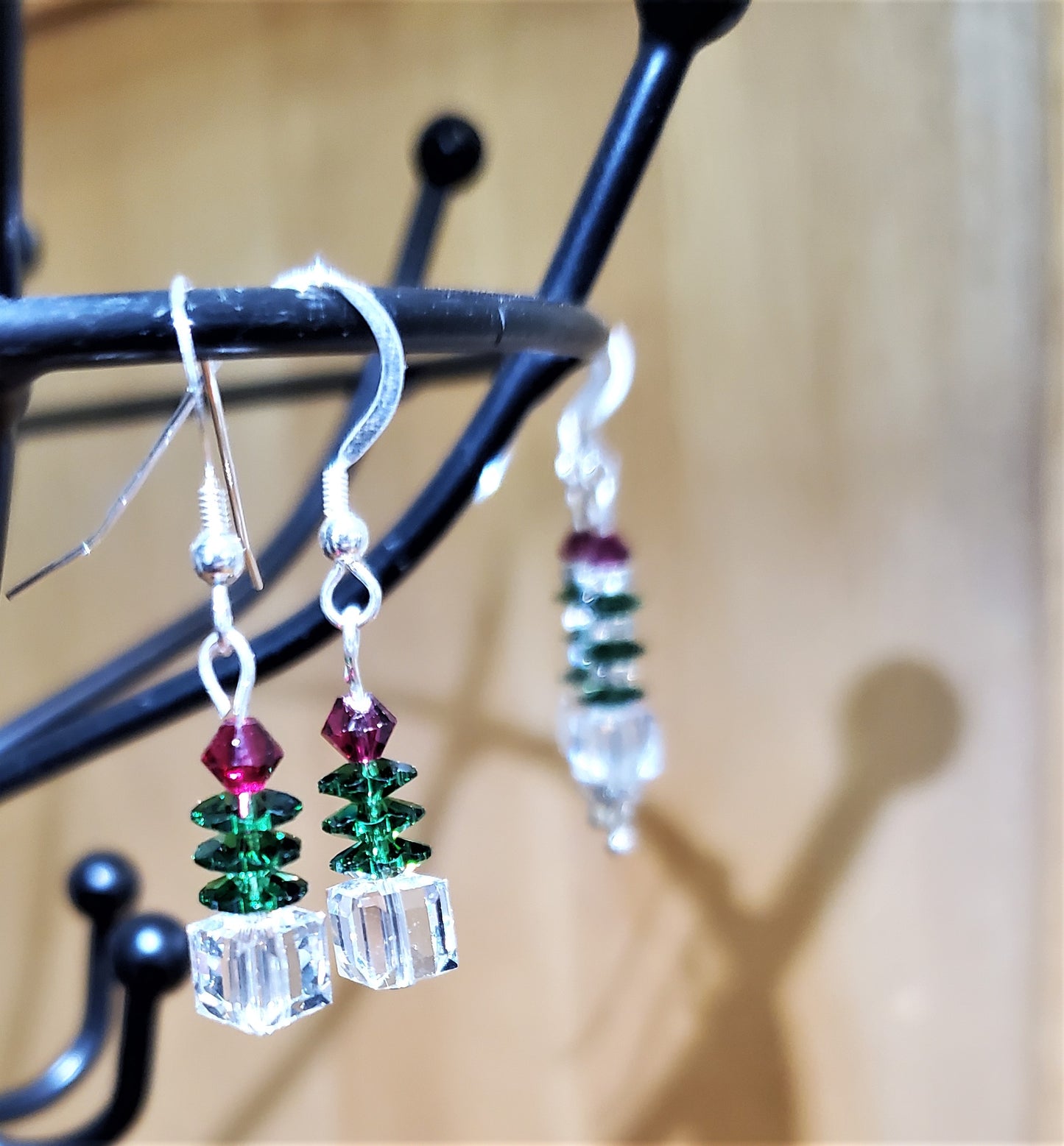 Sterling silver crystal Christmas tree-inspired earrings - handmade