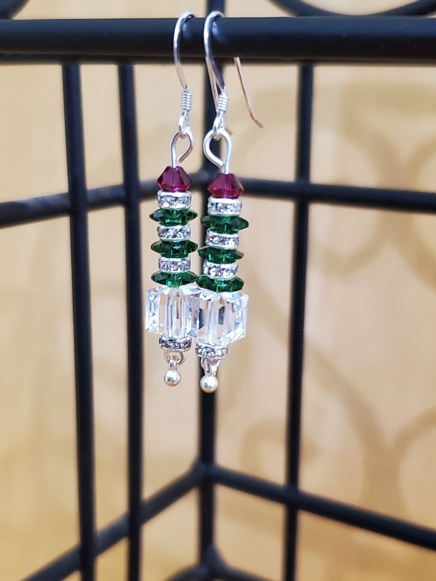 Sparkly crystal and sterling holiday theme - christmas tree earrings - handmade