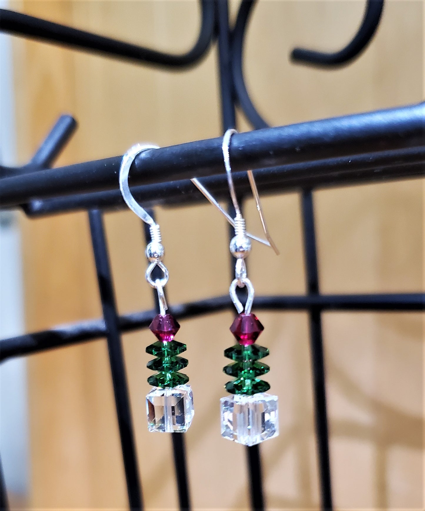 Sterling silver crystal Christmas tree-inspired earrings - handmade