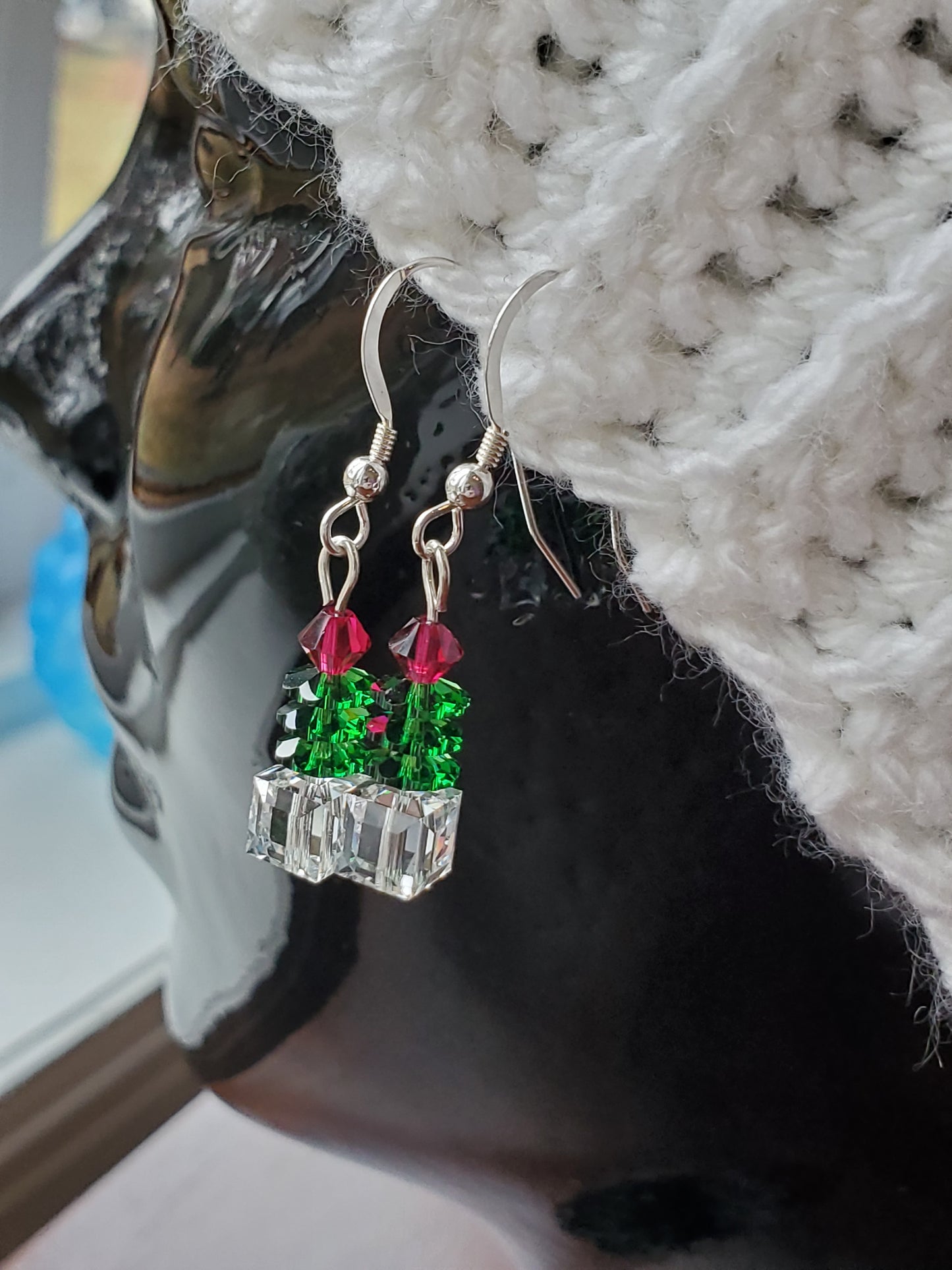 Sterling silver crystal Christmas tree-inspired earrings - handmade