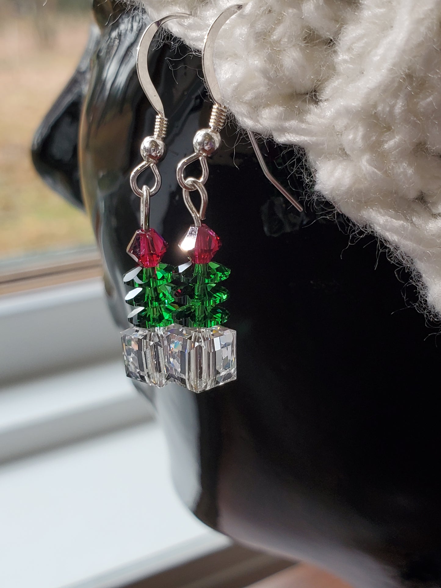 Sterling silver crystal Christmas tree-inspired earrings - handmade